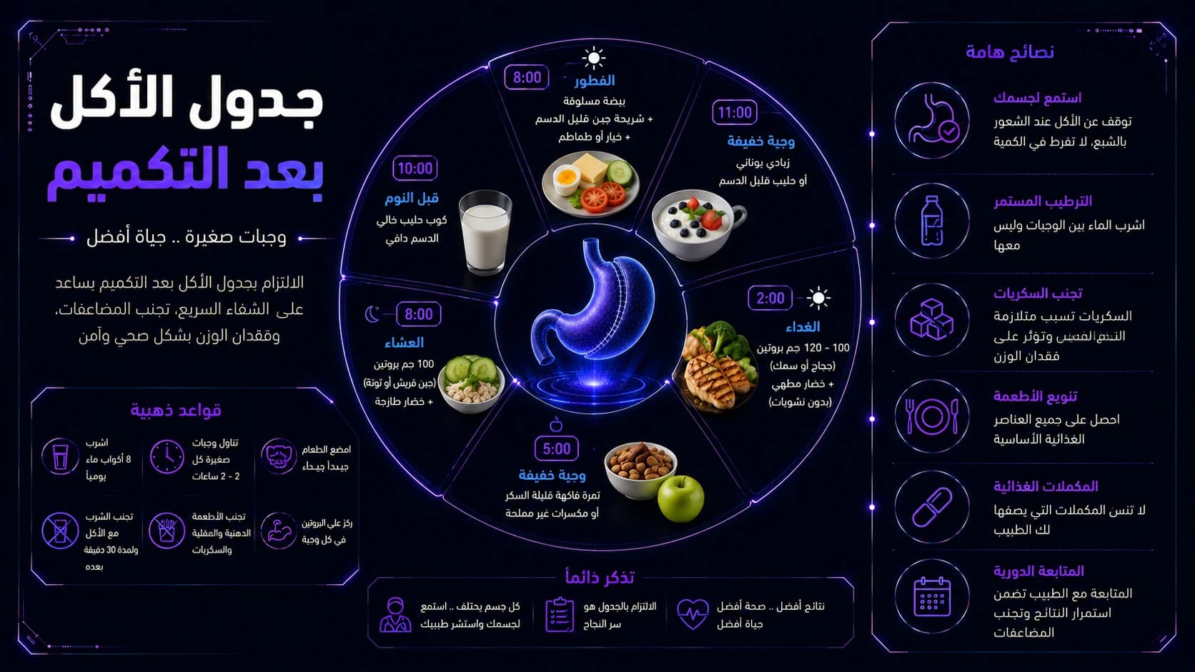 جدول الأكل بعد التكميم | مراحل التغذية بعد عملية تكميم المعدة